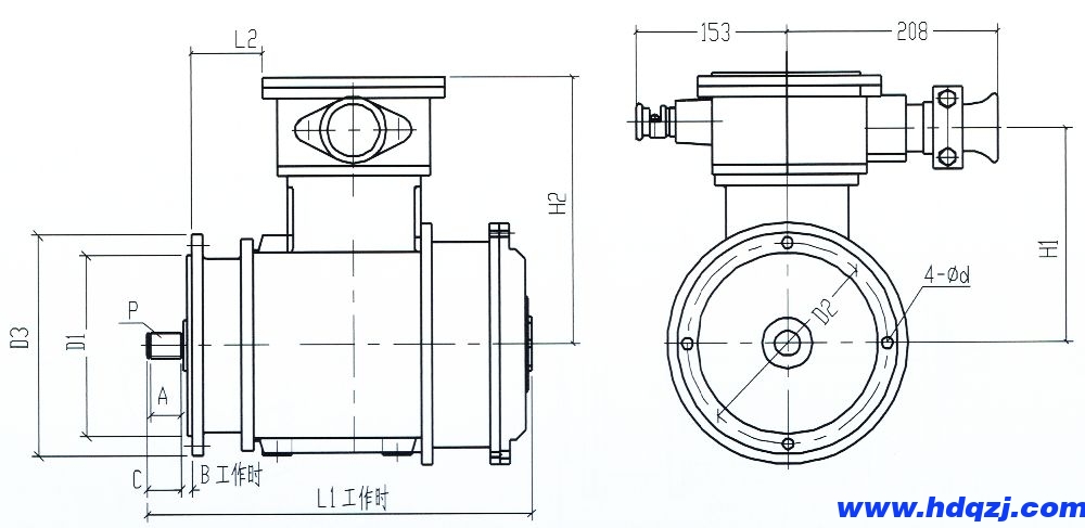 BZDY系列防爆電動單梁起重機(jī)運(yùn)行一機(jī)雙速電動機(jī)外形尺寸圖